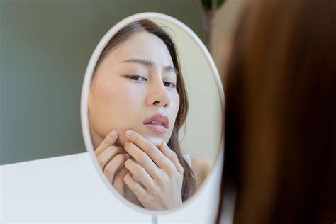 Dermatology Puberty Asian Young Woman Girl Looking Into Mirror