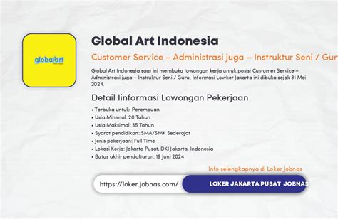 Lowongan Kerja Customer Service Administrasi Juga Instruktur Seni