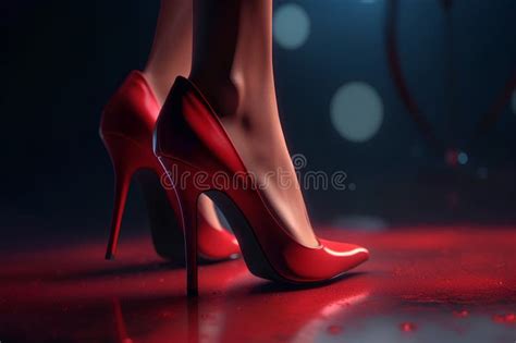 Beautiful Female Legs In Red High Heels On A Dark Background 3d