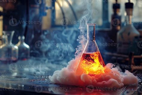 Chemical reaction releasing smoke and flames in laboratory flask