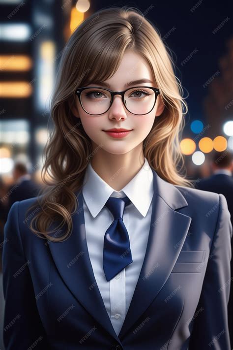 Premium Photo A Young European Pretty Girl In Suit And Glasses On A Night Background In