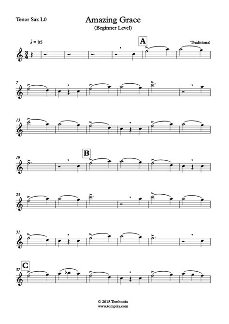 Amazing Grace (Beginner Level, Tenor Sax) (Traditional) - Saxophone Sheet Music