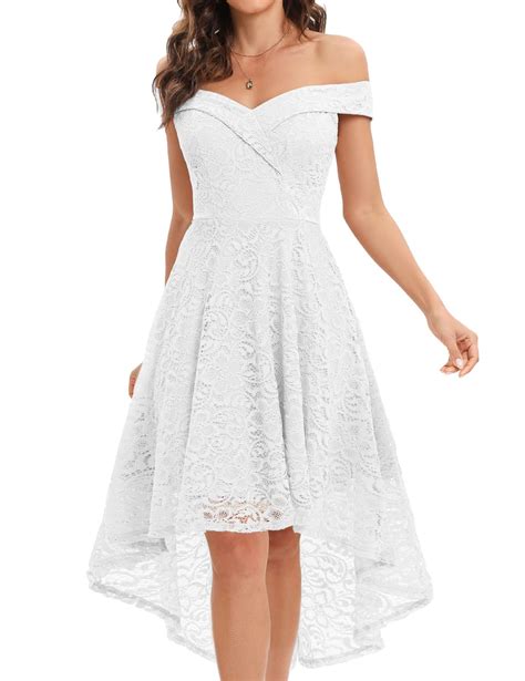 Womens Elegant Floral Lace Dress Off The Shoulder High Low Hem Dresses