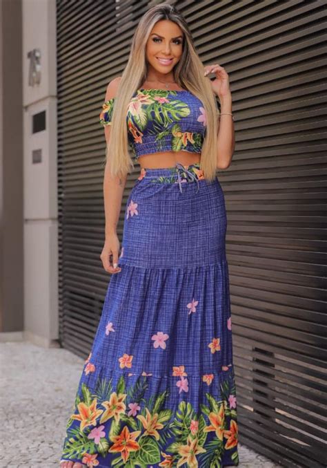 Conjunto De Saia E Cropped Ombro A Ombro Floral Victorias Fashion