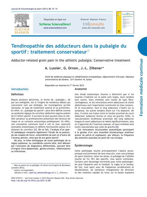 Pdf Tendinopathie Des Adducteurs Dans La Pubalgie Du Sportif