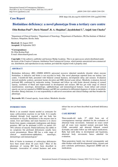 PDF Biotinidase Deficiency A Novel Phenotype From A Tertiary Care Centre