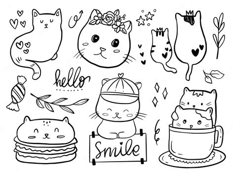 Premium Vector | Set of cat couple doodle drawing cartoon for kids coloring and print