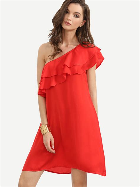 Red Ruffle One Shoulder Shift Dress Shein Sheinside