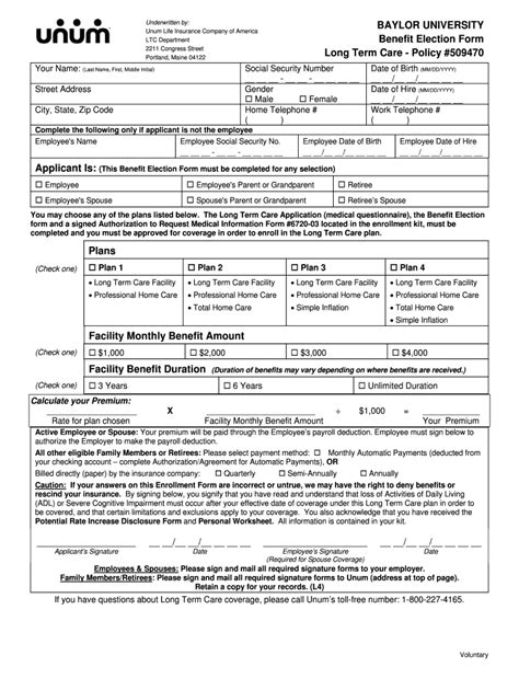 BAYLOR UNIVERSITY Benefit Election Form Long Term Care Unum Fill Out