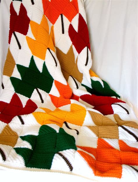 Leaves Afghan Throw Fall Foliage Crochet Blanket Red Gold Orange Green