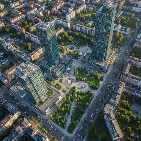 Aerial View of a Modern Urban Area Featuring Three Tall Glass ...