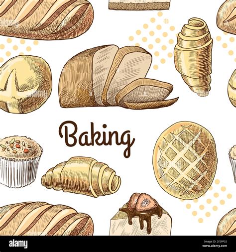 Puff Pastry Bread Croissant Cupcake Baking Seamless Food Pattern Vector