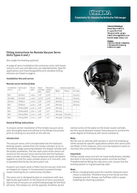 PDF Fitting Instructions For Remote Vacuum Servo Units Types 6