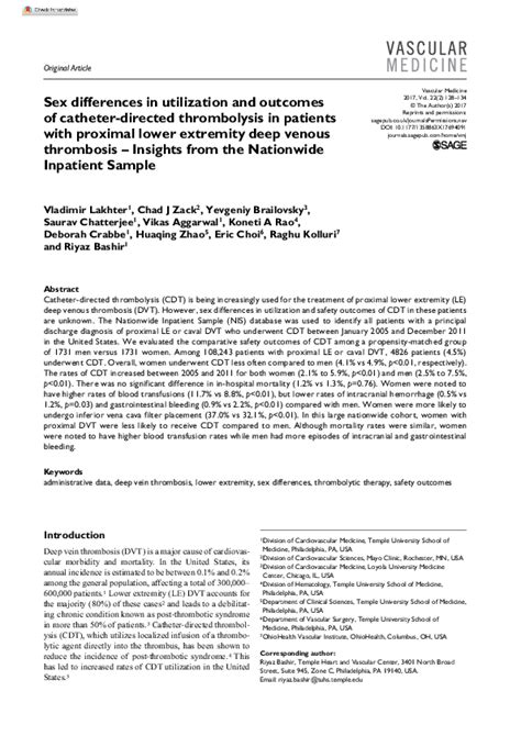 Pdf Sex Differences In Utilization And Outcomes Of Catheter Directed Thrombolysis In Patients