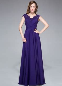 A Line Princess V Neck Floor Length Chiffon Evening Dress With Ruffle