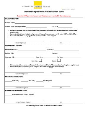 Fillable Online Work Study Authorization Form CCS Fax Email Print