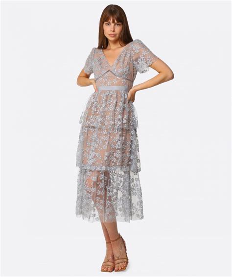 Self Portrait Grey Embroidered Blossom Tiered Midi Dress Jules B