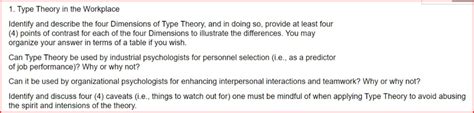 Solved 1. Type Theory in the Workplace Identify and describe | Chegg.com