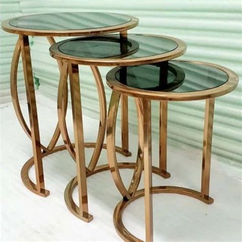 Golden Polished Glass Table Top Iron Coffee Table Set For Home