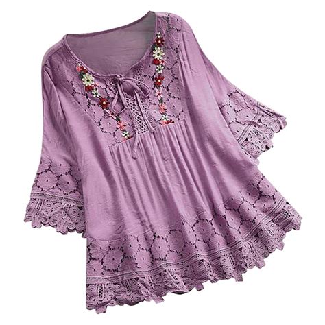 Ussuma Womens Tops Dressy Casual Summer Plus Size Blouse Women Vintage Lace Patchwork Bow V Neck