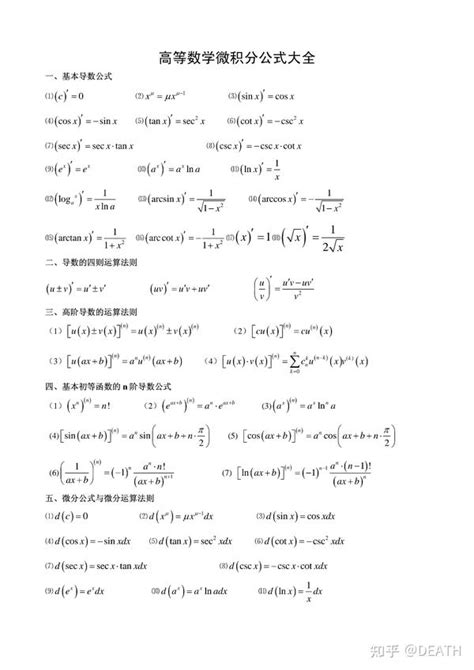 高等数学微积分公式大全 知乎