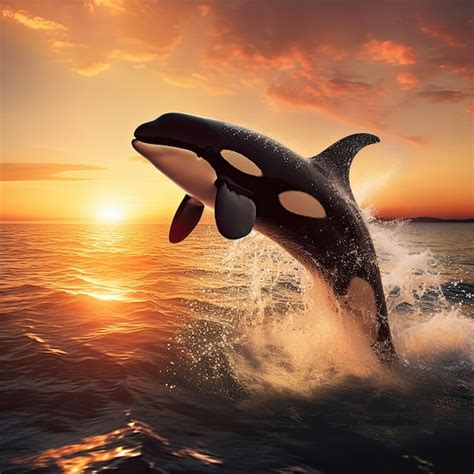 Una Ballena Saltando Fuera Del Agua Al Atardecer Foto Premium