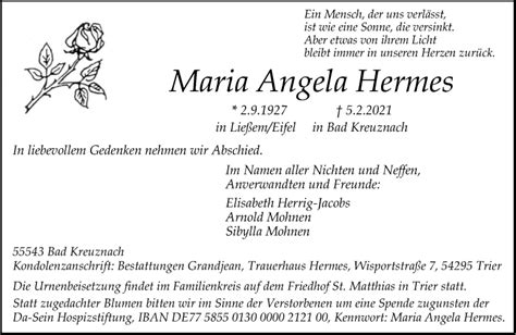 Traueranzeigen Von Maria Angela Hermes Rz Trauer De