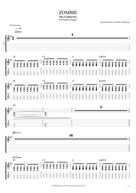 Tablature Zombie De The Cranberries Guitar Pro Guitares Et Piste D