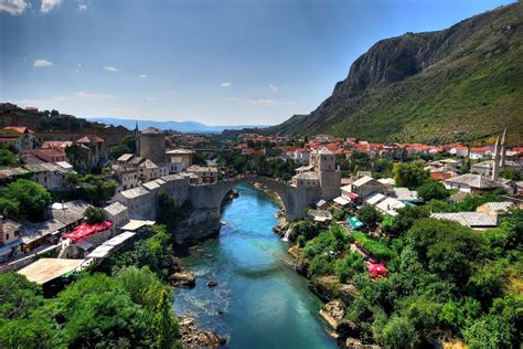 4k 5k Mostar Bosnia And Herzegovina Mountains Houses Rivers