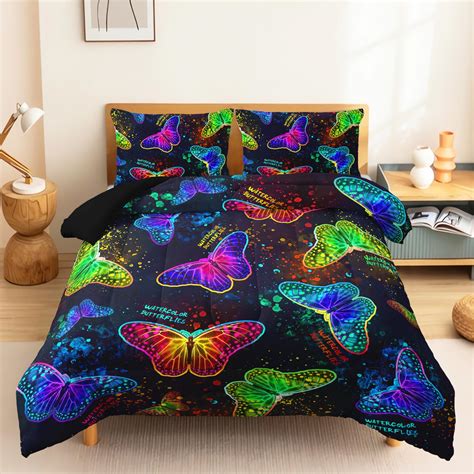 Cvhouse Neon Butterfly Comforter Set Queen Sizeneon Watercolor Butterflies Bedding Set Soft