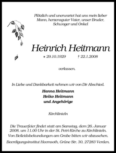 Traueranzeigen Von Heinrich Heitmann Trauer Kreiszeitung De