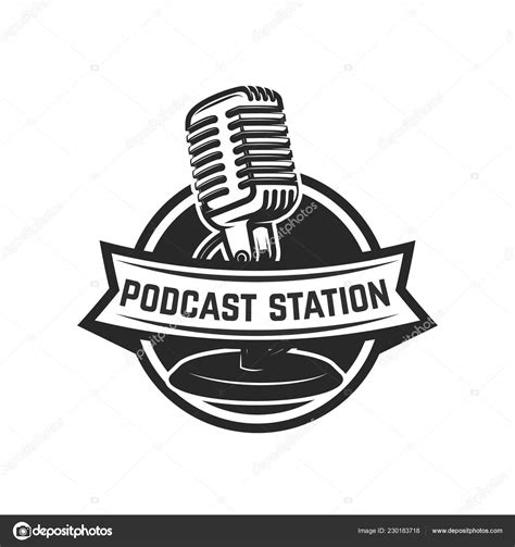 Podcast Station Emblem Template Retro Microphone Design Element Logo