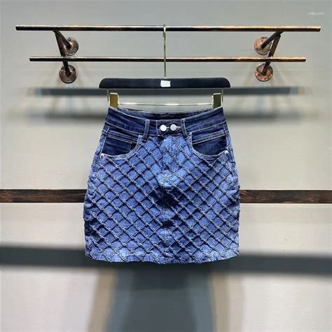 Skirts Womens Denim Skirt 2023 Diamond Mesh Jacquard High Waist A Line ...