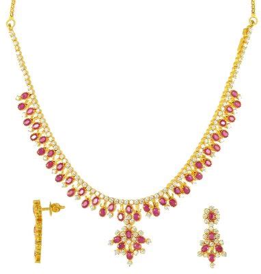 22Kt Gold Ruby And CZ Necklace Set PsRu2786 22k Gold Necklace And