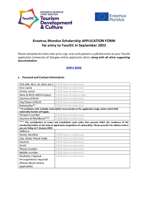 Fillable Online Erasmus Mundus Scholarship APPLICATION FORM For Entry