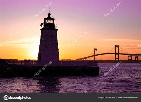 Sunset Newport Harbor Lighthouse Bridge Colorful Sky Stock Photo by ...