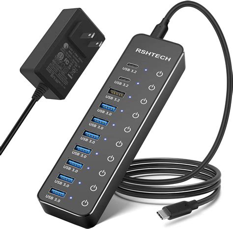 Powered Usb Hub Rshtech 10 Port Usb 3 2 Usb C Hub 60w With 10gbps Usb A 3 2 2 Usb