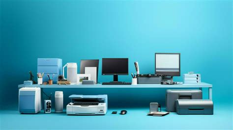 modern office equipment on a blue desk 32943714 Stock Photo at Vecteezy