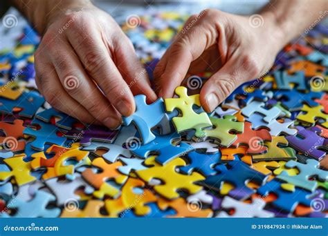 A Man Sitting At A Table Focusing On Assembling A Jigsaw Puzzle By