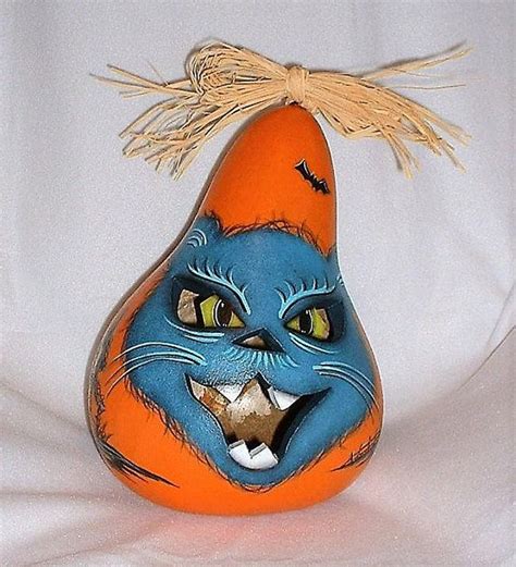 Black Cat Jack O Lantern Light Up Gourd Hand Painted Gourd Etsy