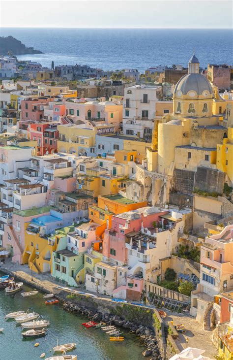 Aerial Of Marina Di Corricella At Sunset Procida Flegrean Islands