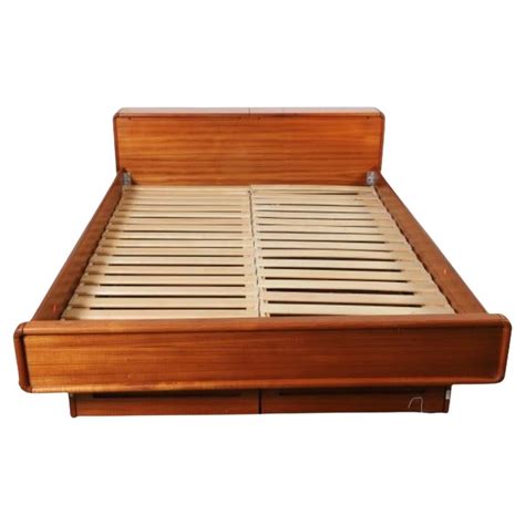 D Scan Danish Modern Queen Teak Captain Line Storage Platform Bed Frame