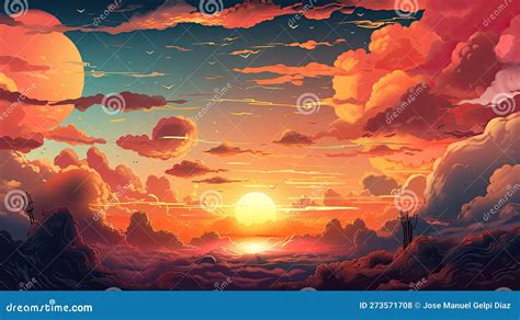 Illustrated Sky with Clouds, Sun, Stars, and Sunrise or Sunset ...