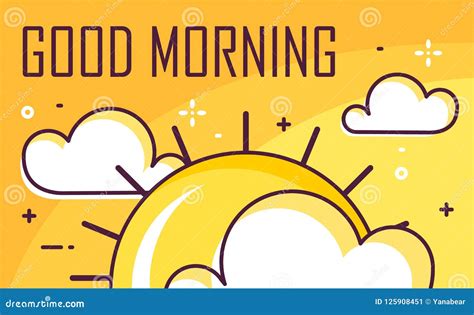 Good Morning Poster With Clouds And Sun Thin Line Flat Design Stock