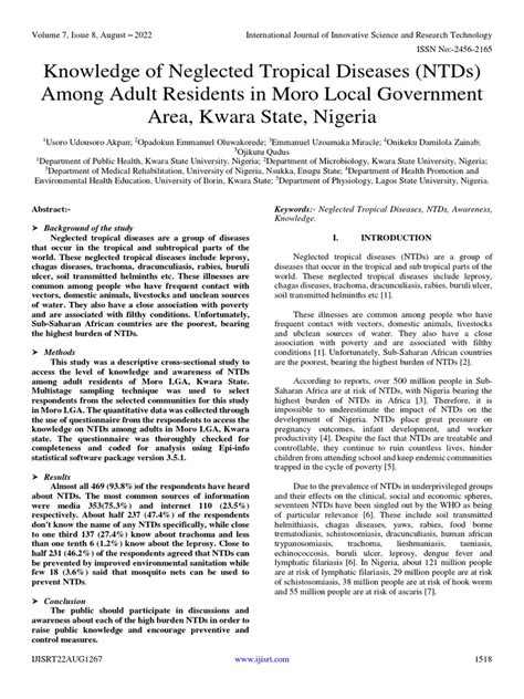 Knowledge Of Neglected Tropical Diseases Ntds Among Adult Residents