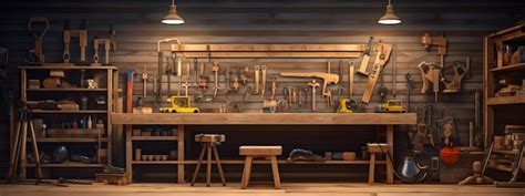 Modern Wood Working Room With Tools Hanging On The Wall Woodworking