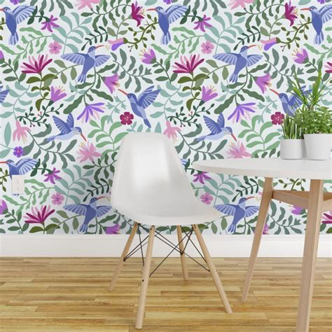 Pre Pasted Wallpaper 2ft Wide Hummingbird Flower Purple Birds Foliage