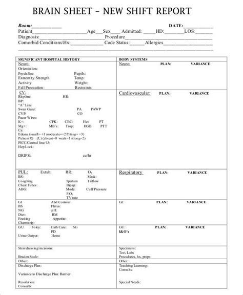 Printable Nursing Report Sheet Template Printable Templates