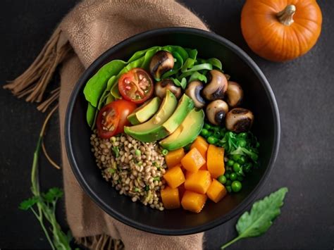 Buddha Bowl Avocado Mung Bean Pumpkin Mushrooms Tomatoes And Lettuce In A Black Bowl Vegan Diet