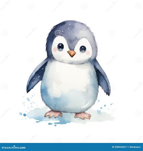 Watercolor Penguin Art: Kawaii Style with Dark Sky-blue and Light Gray ...